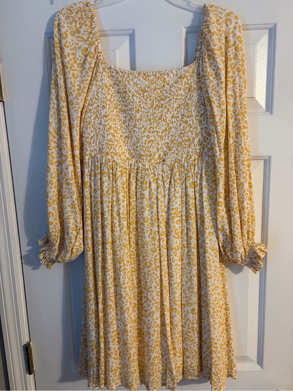 Smocked Square Neck Yellow cheetah print dress